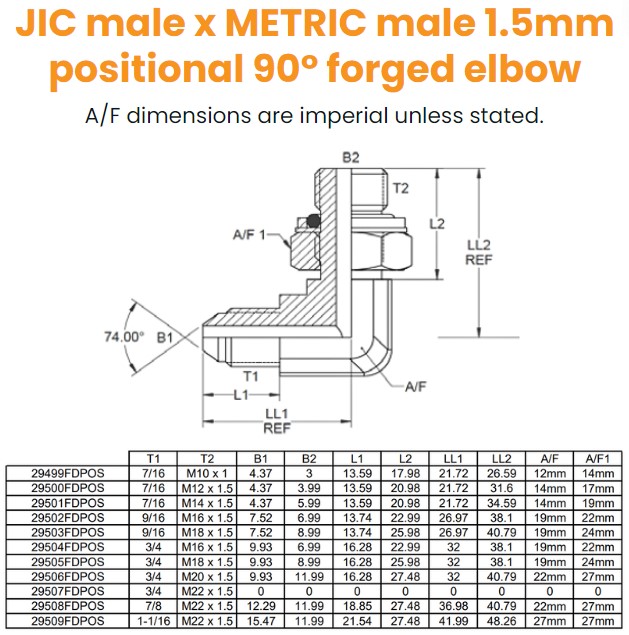 7/16 JIC x M12 1.5mm Pitch M/M 90° Positional Forged Elbow Hydraulic Adaptor